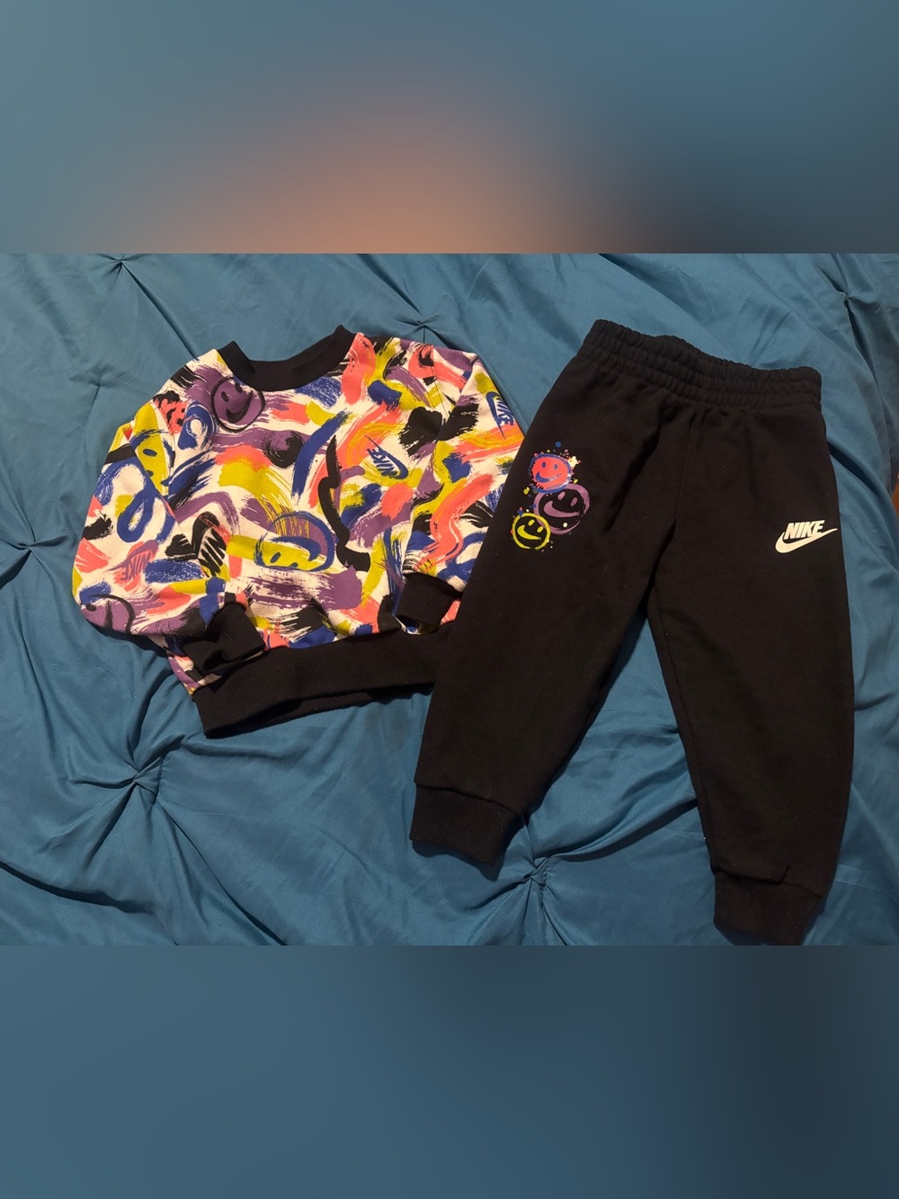 Nike Kids Black Joggers with Colorful Smiley Graphics